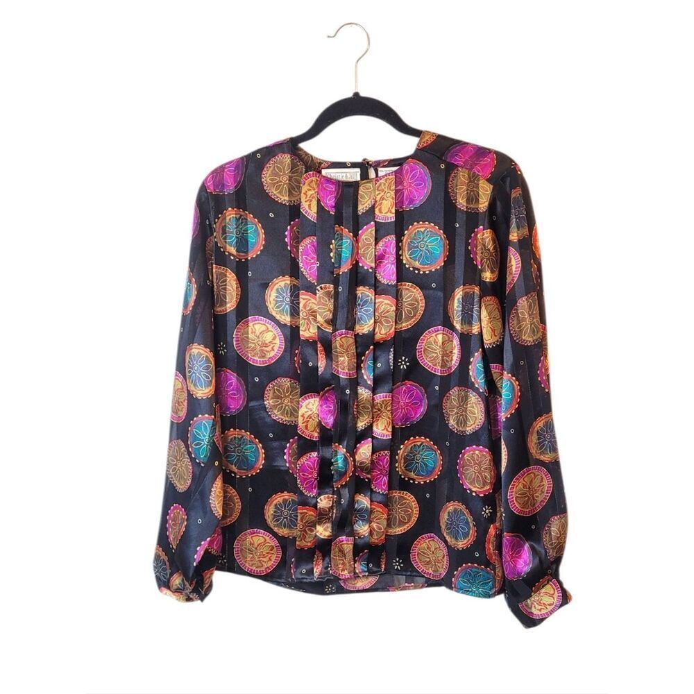 Vintage Christie & Jill Women's Black Satin Medallion Print Blouse Long Sleeve 4